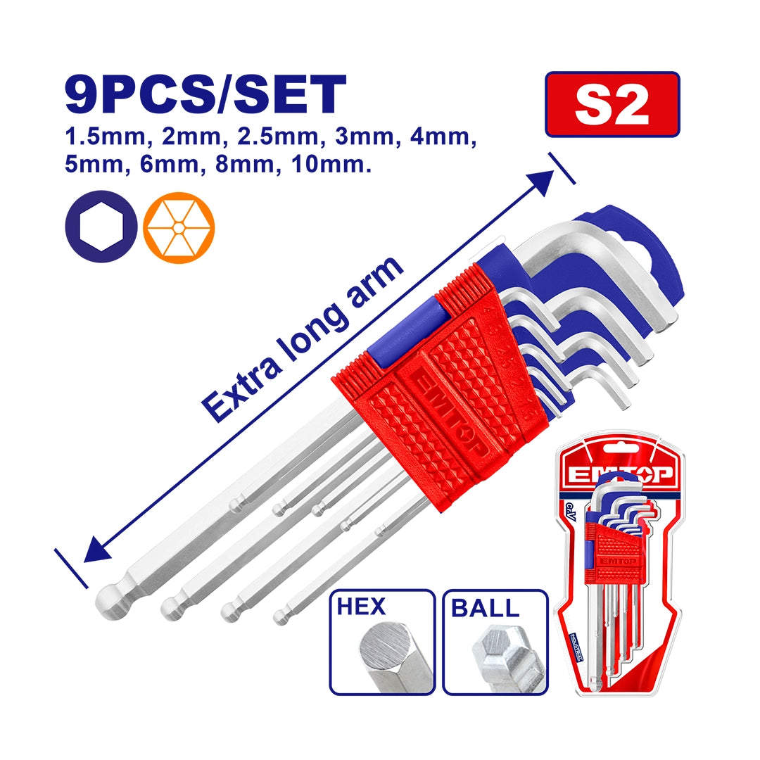 EMTOP 9pcs Ball point hex key Ext.long