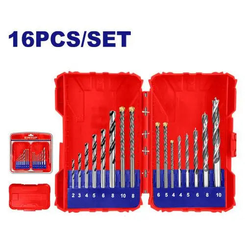 16-piece drill bits set for metal, masonry, and wood – EMTOP power tool accessories
