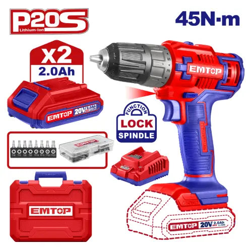 P20S 20V Cordless Drill with Plastic Chuck and 2 Batteries – EMTOP Qatar
