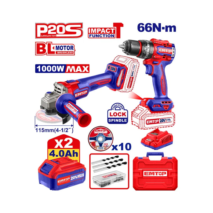 EMTOP Cordless Power Tool Combo – Angle Grinder & Brushless Impact Driver for Construction and DIY in Qatar