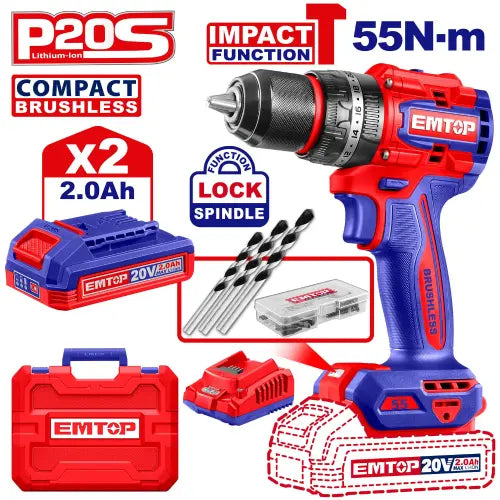  EMTOP Compact Brushless Cordless Impact Drill 20V from the P20S tools series for powerful and precise drilling in Qatar
