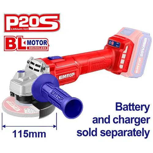 EMTOP Cordless Angle Grinder 20V from the P20S tools series for powerful cordless cutting in Qatar
