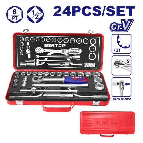 24-piece 1/2 inch socket set by EMTOP – professional-grade hand tools in Qatar