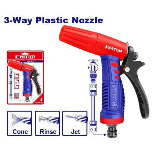 EMTOP 3-way plastic trigger nozzle – adjustable garden tool for flexible water flow and spray control in Qatar.
