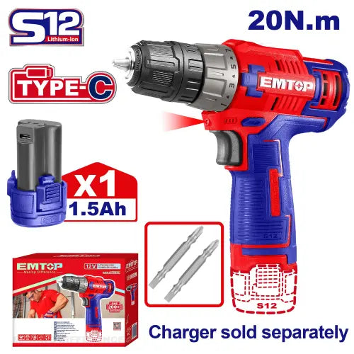 Cordless Drill 12V with 1 battery – EMTOP compact power tool in Qatar
