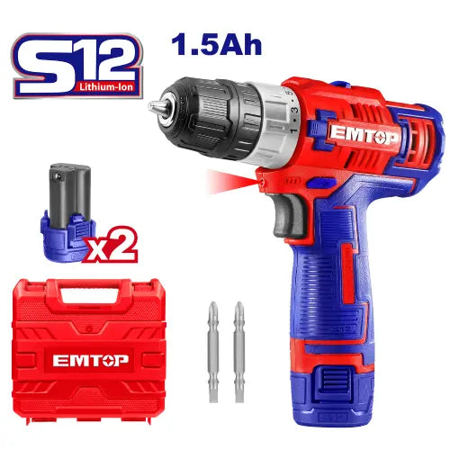 Cordless Drill 12V with 2 batteries – EMTOP lightweight power tool in Qatar