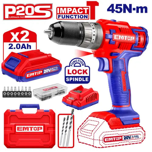 EMTOP cordless impact drill 20V – durable power tool for fast drilling and screw driving in Qatar