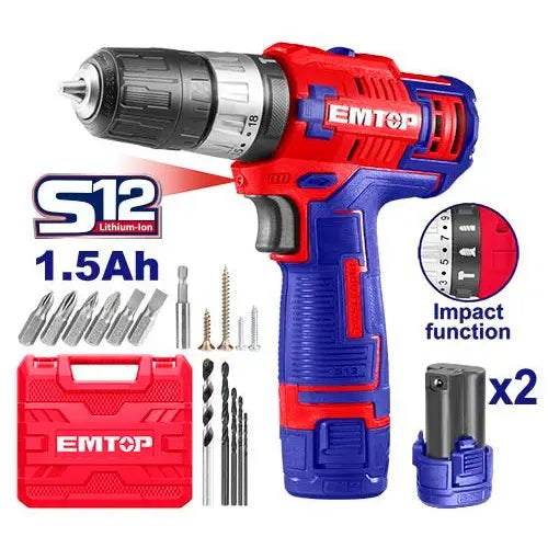 EMTOP 12V lithium-ion impact drill – compact cordless power tool for light-duty drilling in Qatar