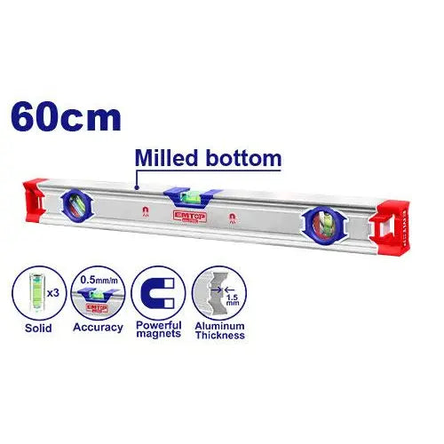 EMTOP spirit level 60 cm with magnets – reliable measuring tool for leveling surfaces and structures in Qatar.