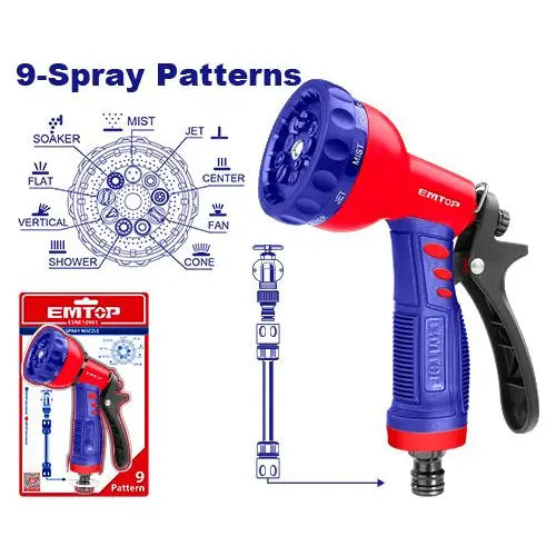 EMTOP 9-pattern plastic trigger nozzle – essential garden tool for watering and cleaning in Qatar